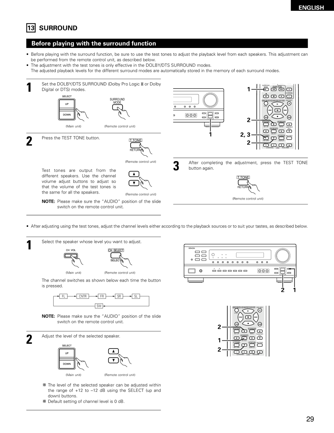 Denon AVR-1403, 483 manual Surround, Before playing with the surround function, Adjust the level of the selected speaker 