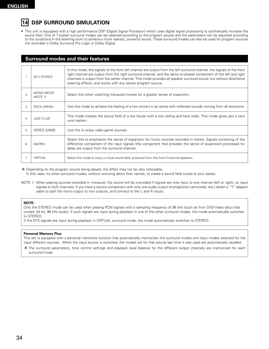 Denon 483, AVR-1403 manual DSP Surround Simulation, Surround modes and their features, Video Game, Personal Memory Plus 