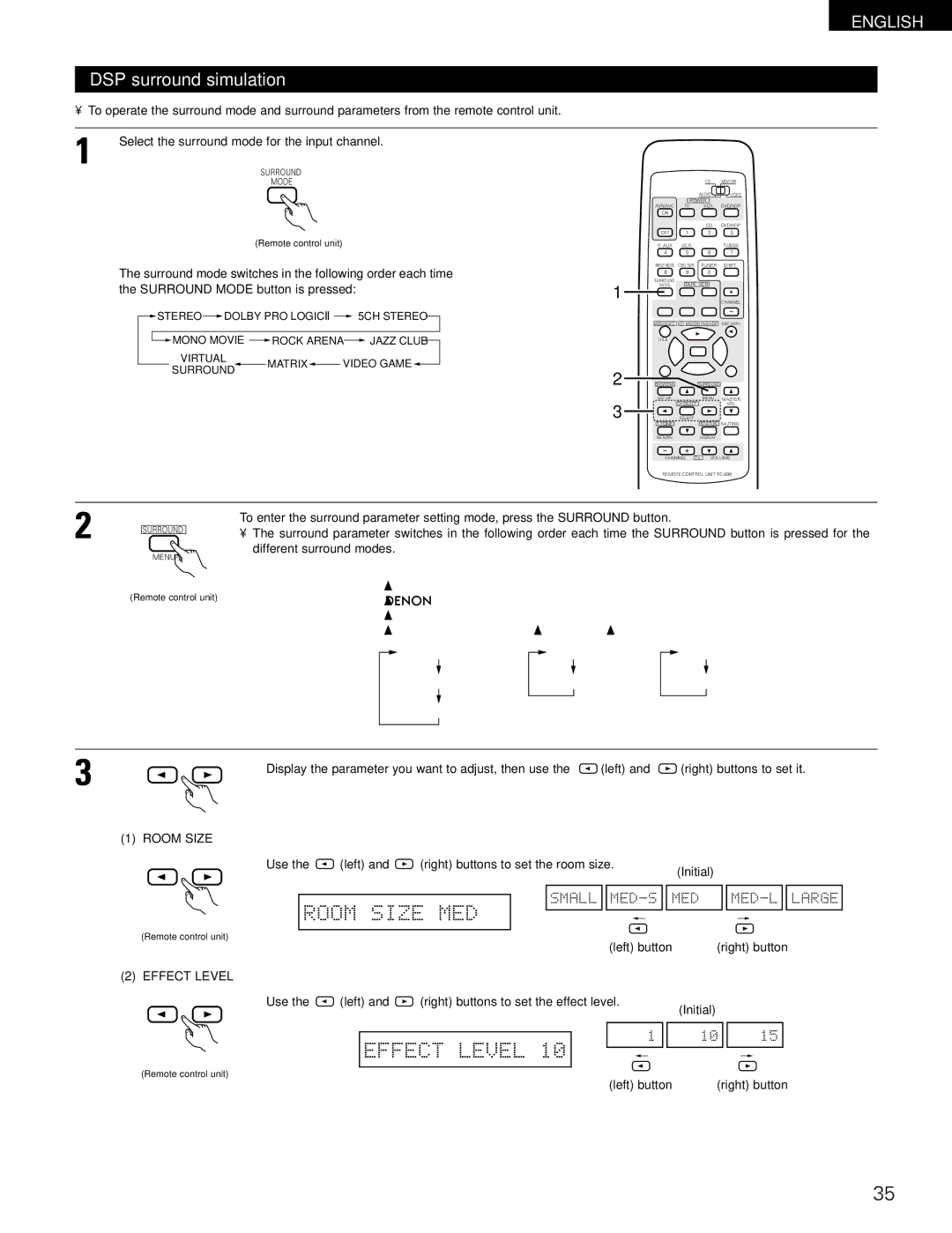 Denon AVR-1403 Room Size MED, Effect Level, DSP surround simulation, Use Left Right buttons to set the room size Initial 
