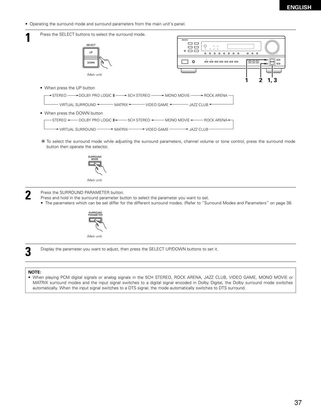 Denon AVR-1403, 483 manual When press the UP button, When press the Down button, Press the Surround Parameter button 