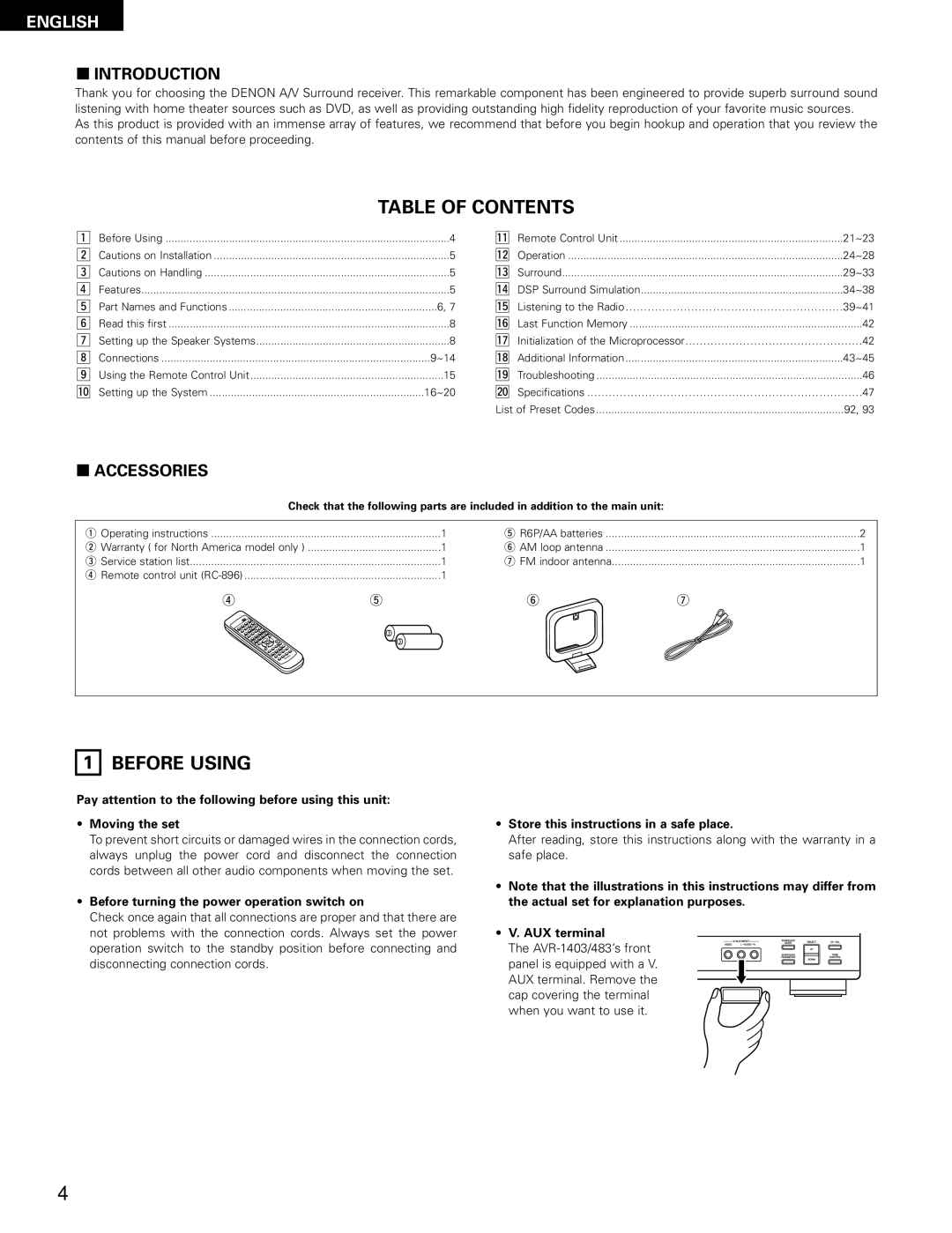 Denon 483, AVR-1403 manual Table of Contents, Before Using 