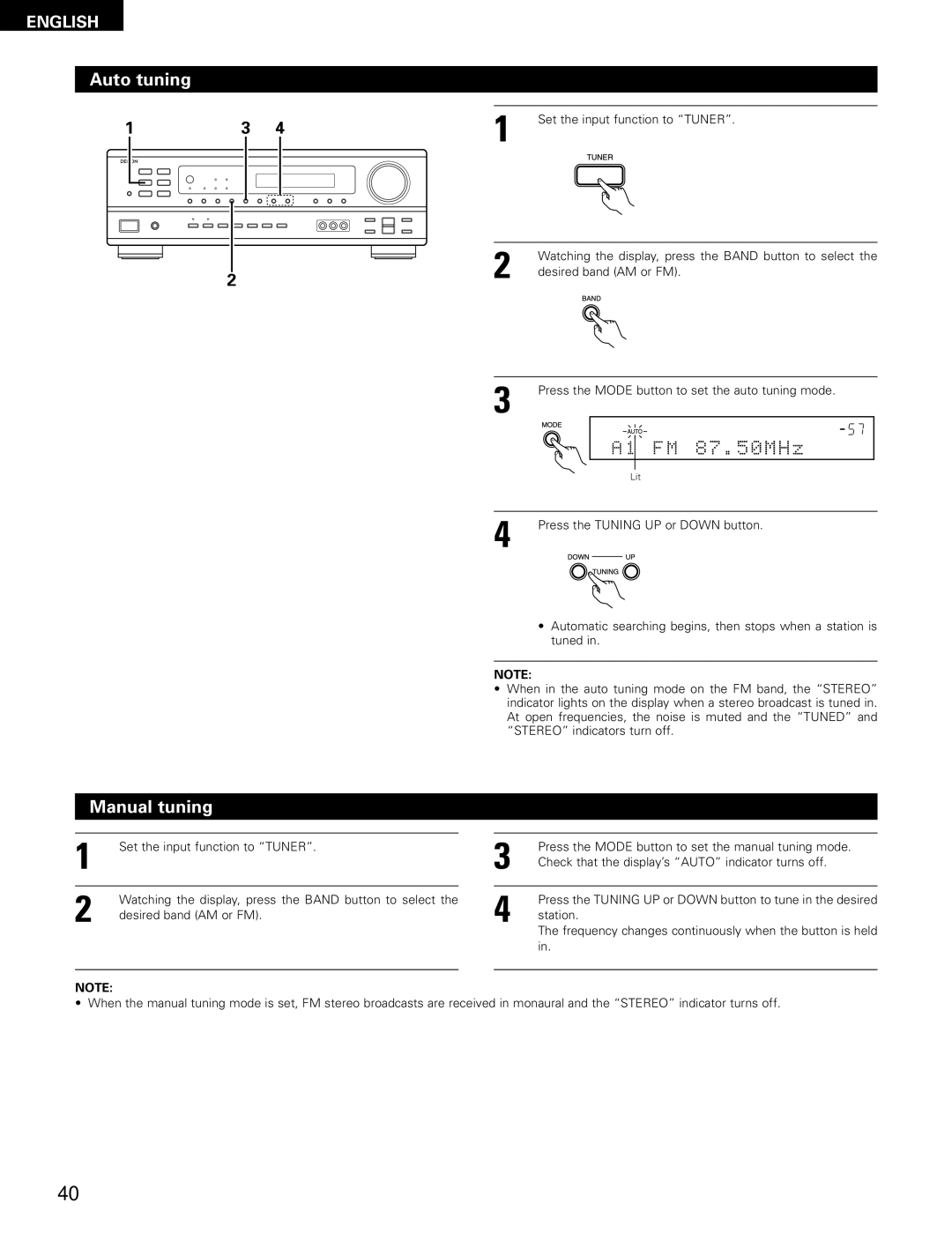 Denon 483, AVR-1403 manual Auto tuning, Manual tuning, Set the input function to Tuner 