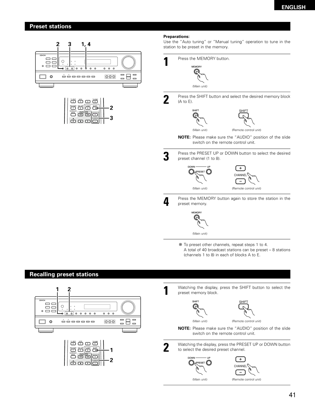 Denon AVR-1403, 483 manual Preset stations, Recalling preset stations 