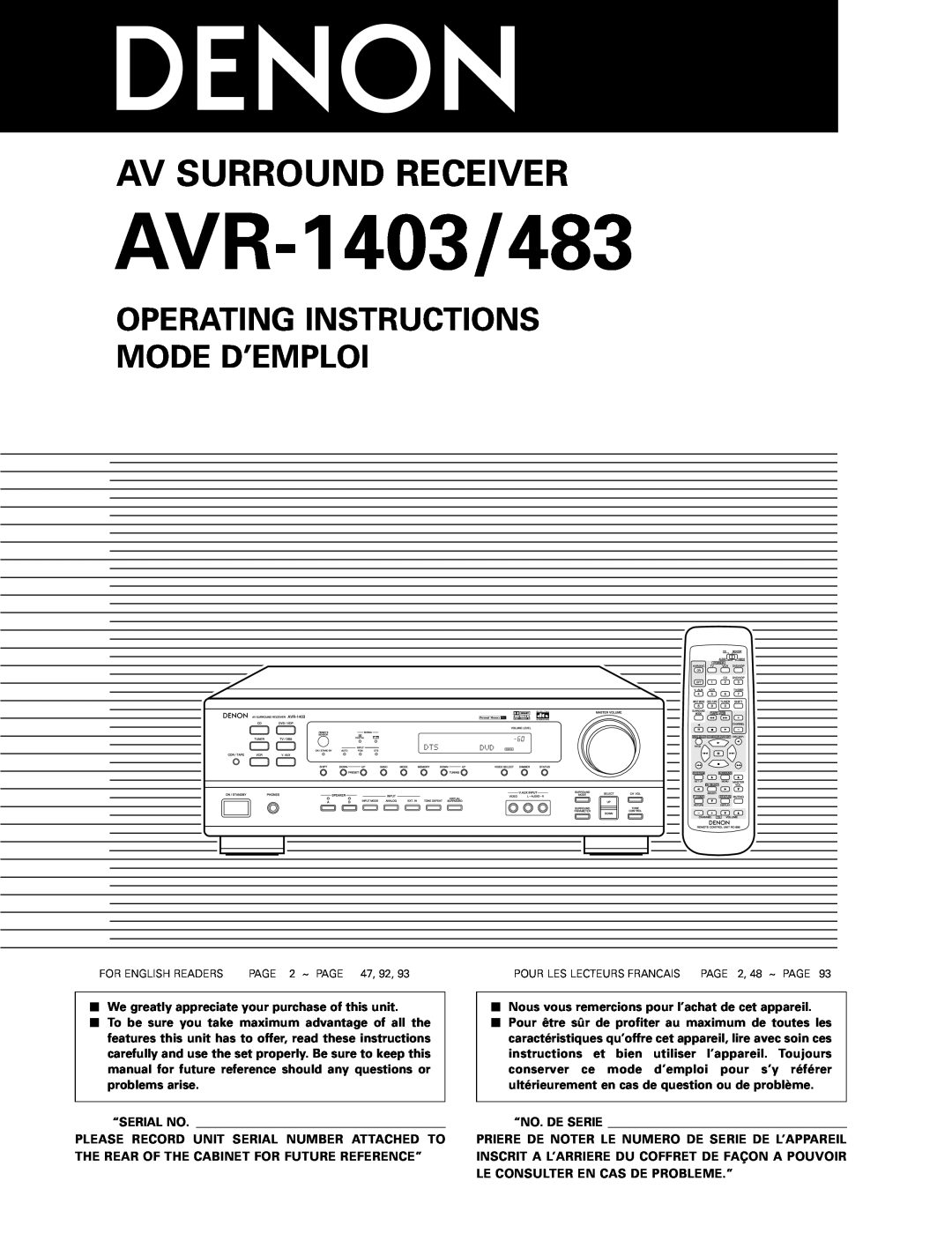 Denon manual Operating Instructions Mode D’Emploi, AVR-1403/483, Av Surround Receiver, “Serial No, “No. De Serie 