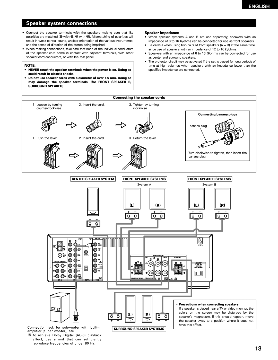 Denon AVR-1403, 483 Speaker system connections, English, Speaker Impedance, Connecting the speaker cords, Surround Speaker 