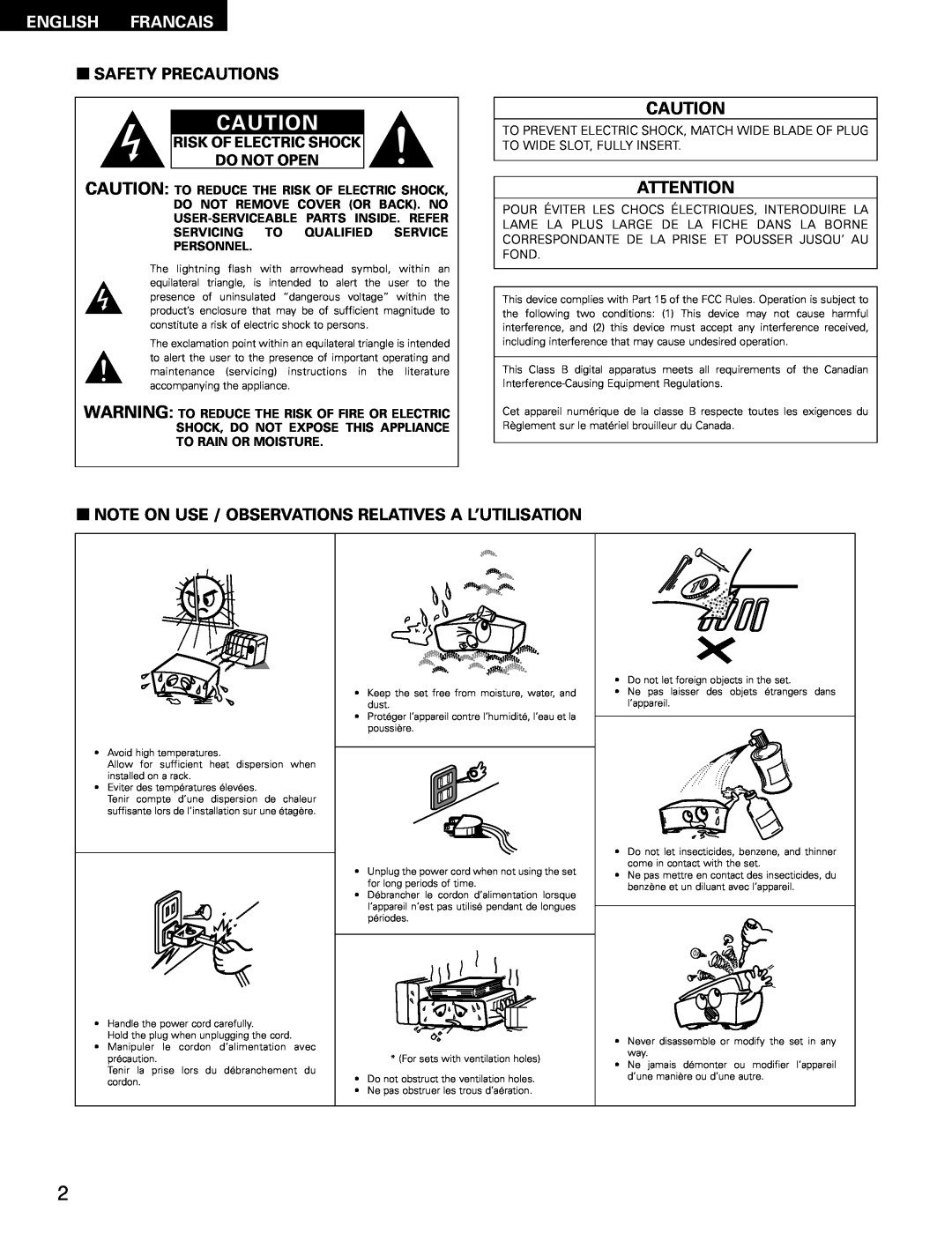 Denon 483, AVR-1403 manual English Francais, 2SAFETY PRECAUTIONS, Risk Of Electric Shock Do Not Open 
