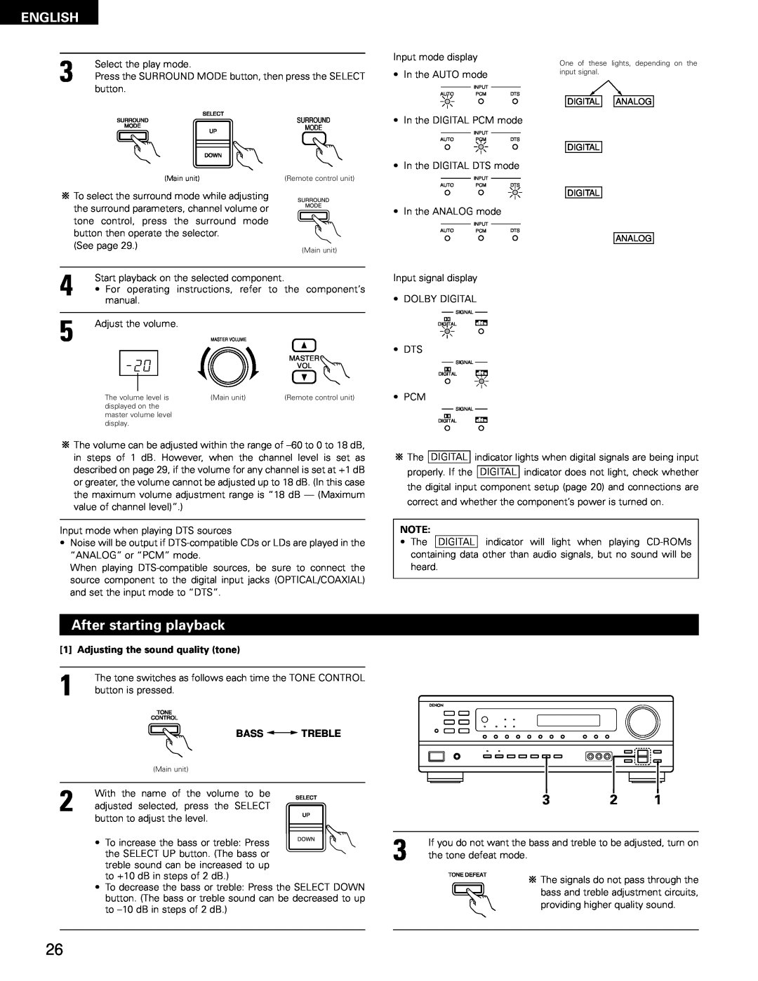 Denon 483, AVR-1403 manual After starting playback, English, Adjusting the sound quality tone 