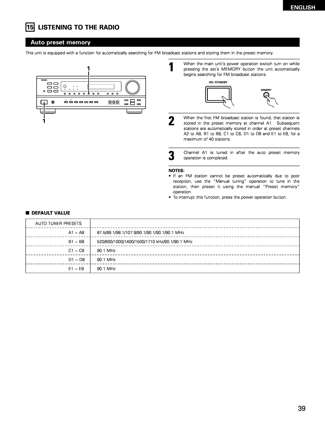 Denon AVR-1403, 483 manual Listening To The Radio, Auto preset memory, 2DEFAULT VALUE, English 