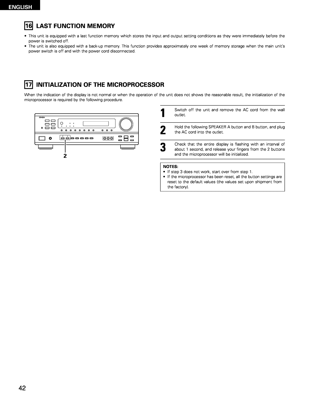 Denon 483, AVR-1403 manual Last Function Memory, Initialization Of The Microprocessor, English 