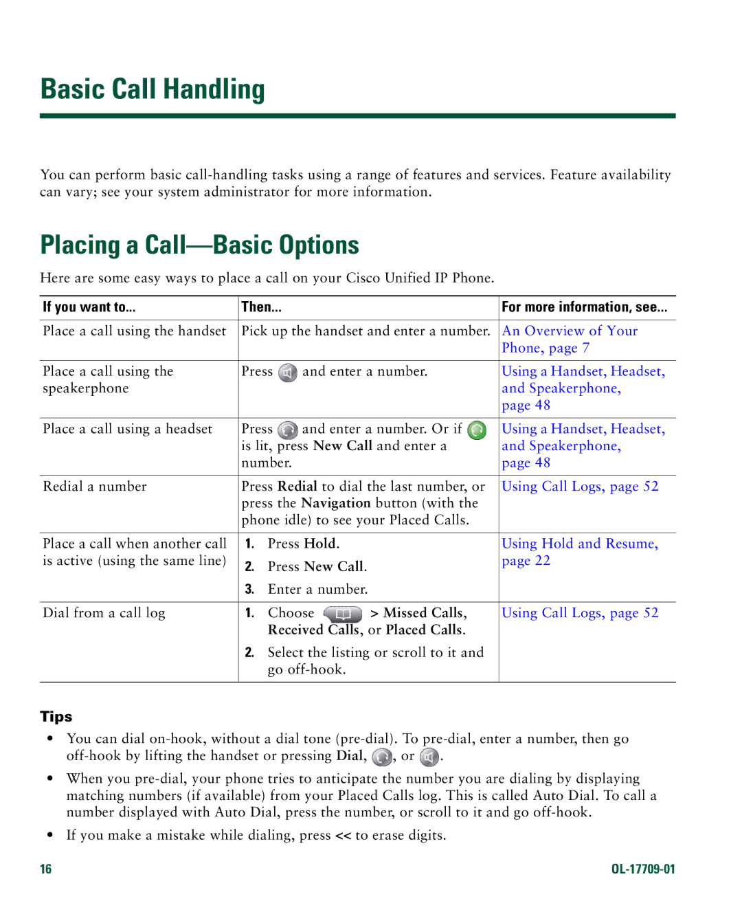 Denon 7942G manual Basic Call Handling, Placing a Call-Basic Options, Tips 