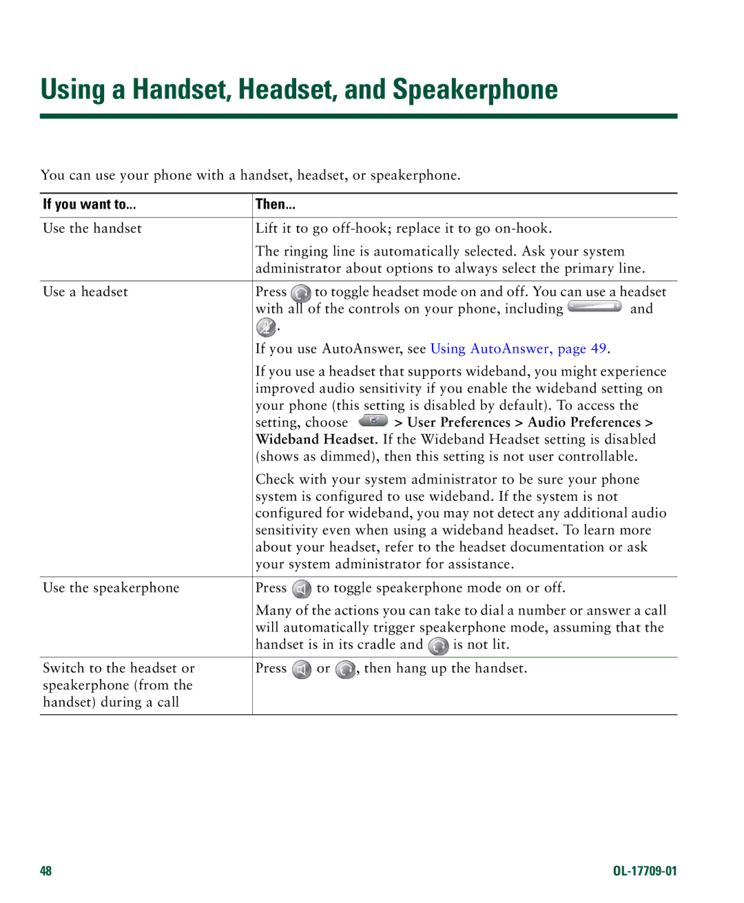 Denon 7942G manual Using a Handset, Headset, and Speakerphone, User Preferences Audio Preferences 