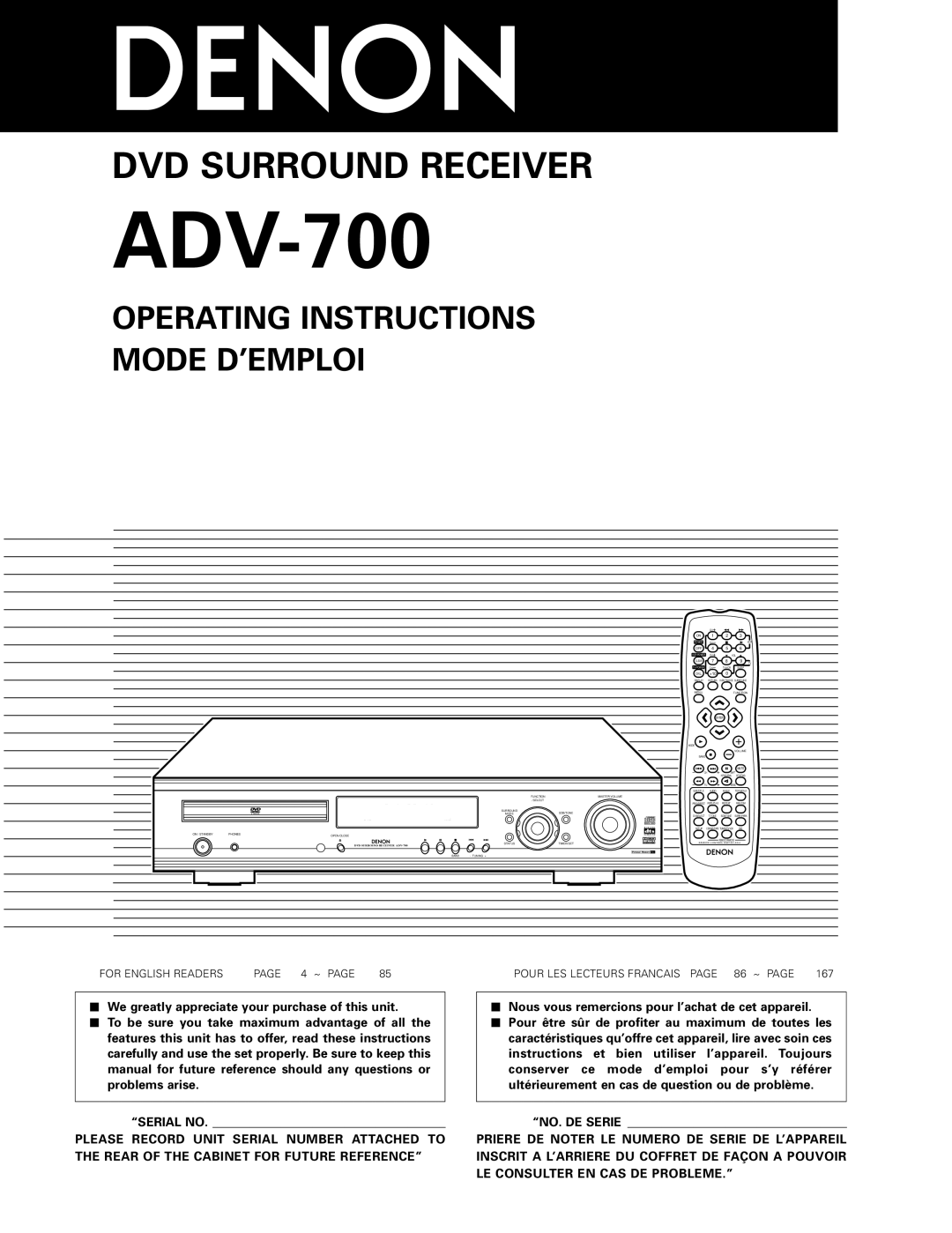 Denon ADV-700 manual Nous vous remercions pour l’achat de cet appareil 