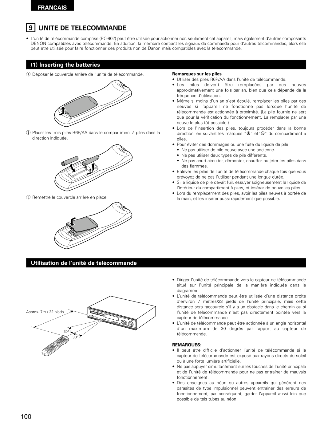 Denon ADV-700 manual Unite DE Telecommande, 100, Utilisation de l’unité de télécommande, Remarques sur les piles 