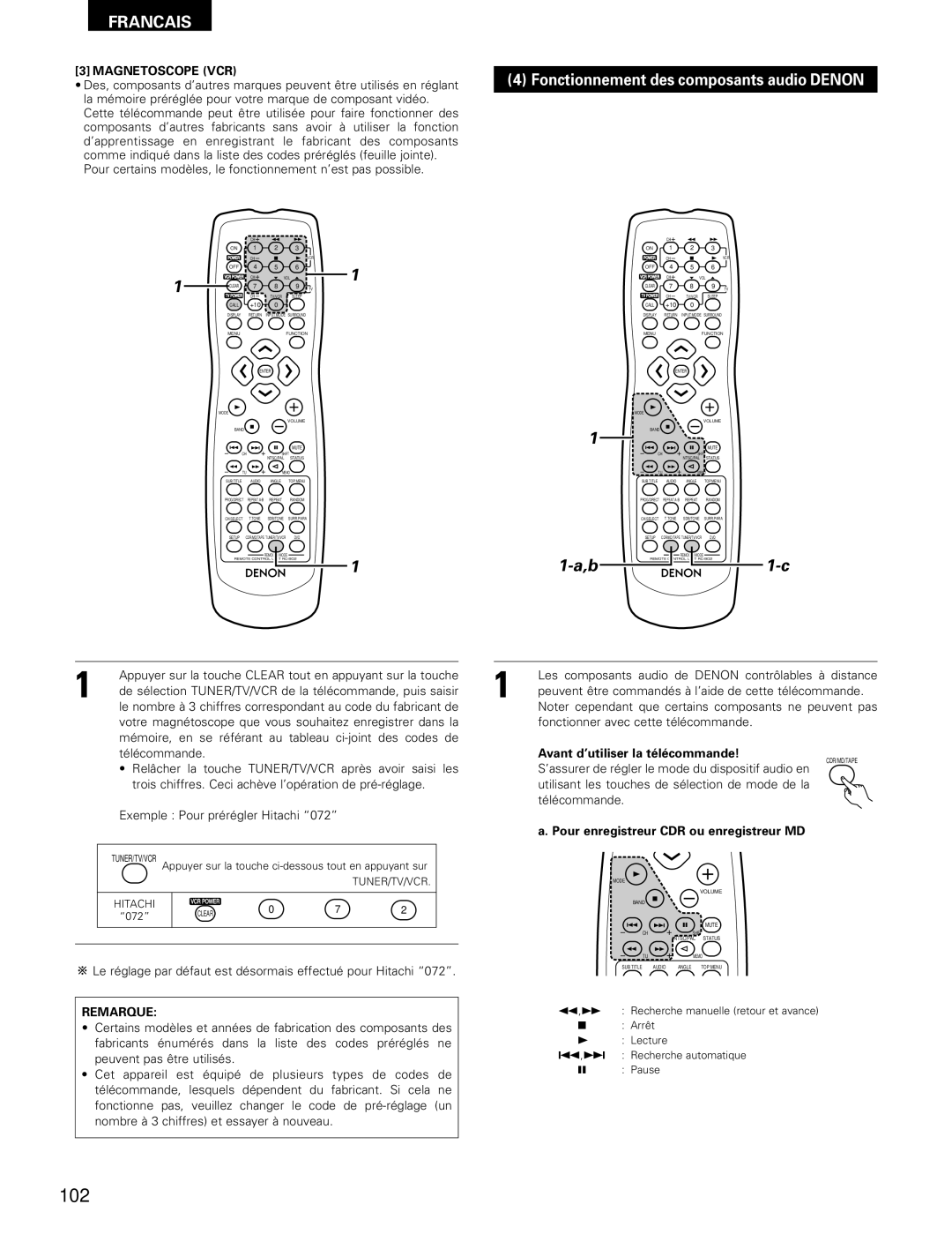 Denon ADV-700 manual 102, Fonctionnement des composants audio Denon, Magnetoscope VCR, Avant d’utiliser la télécommande 