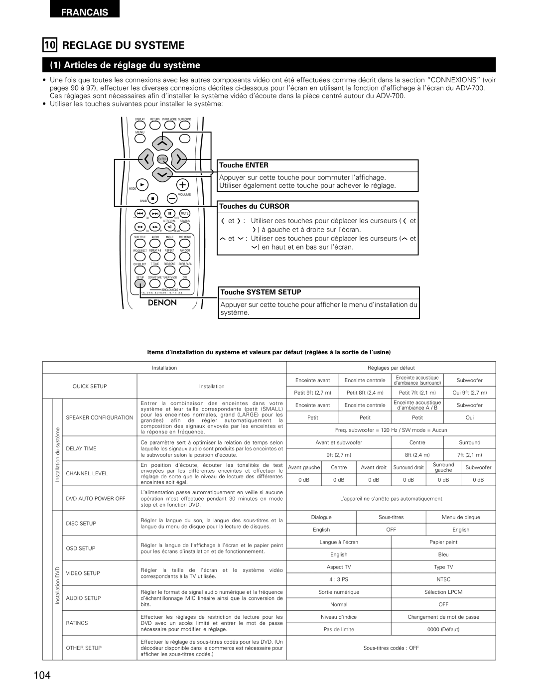 Denon ADV-700 manual Reglage DU Systeme, 104, Articles de réglage du système 