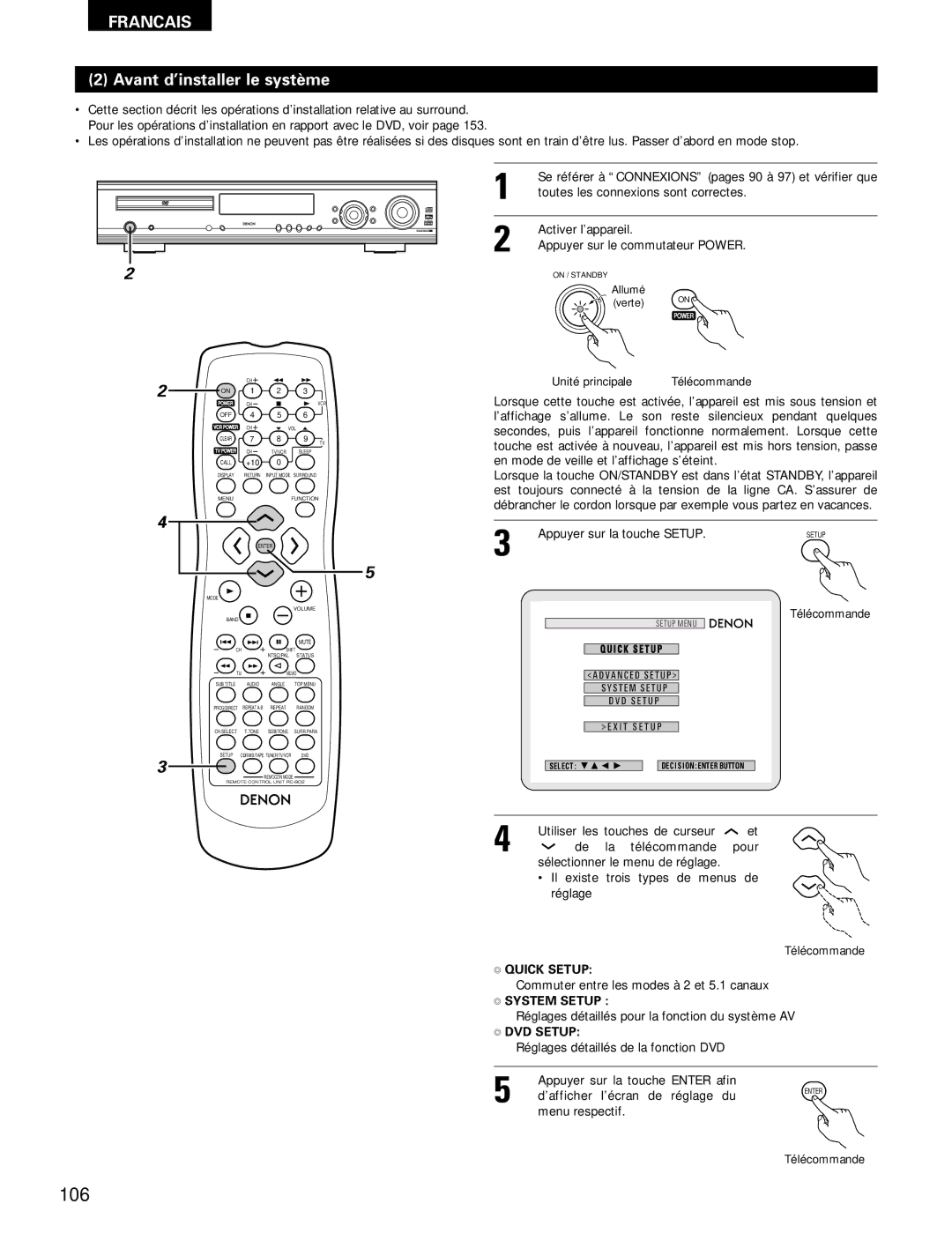 Denon ADV-700 manual 106, Avant d’installer le système, Quick Setup, System Setup, DVD Setup 