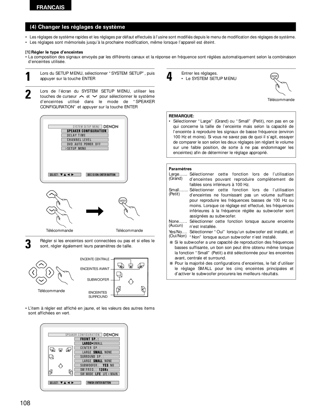 Denon ADV-700 manual 108, Changer les réglages de système, Régler le type d’enceintes, Paramètres 