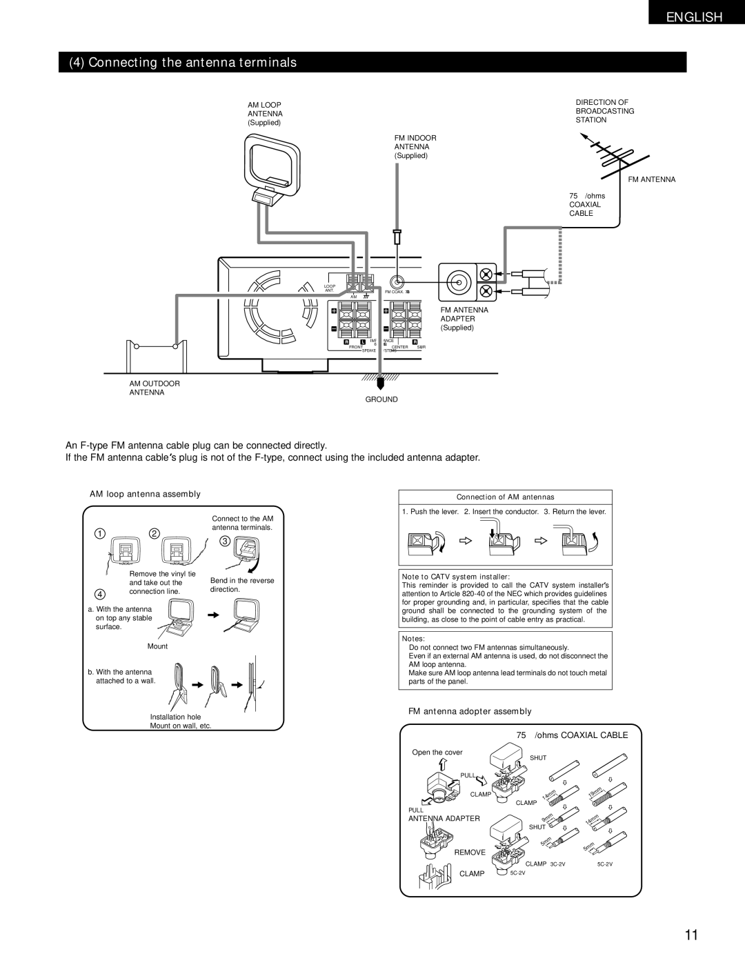 Denon ADV-700 manual Connecting the antenna terminals, AM loop antenna assembly, FM antenna adopter assembly 