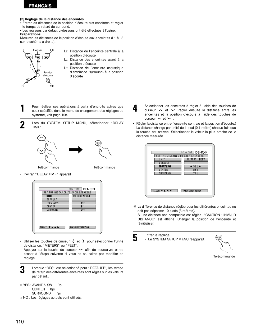 Denon ADV-700 manual 110, Réglage de la distance des enceintes, Préparations, Time 