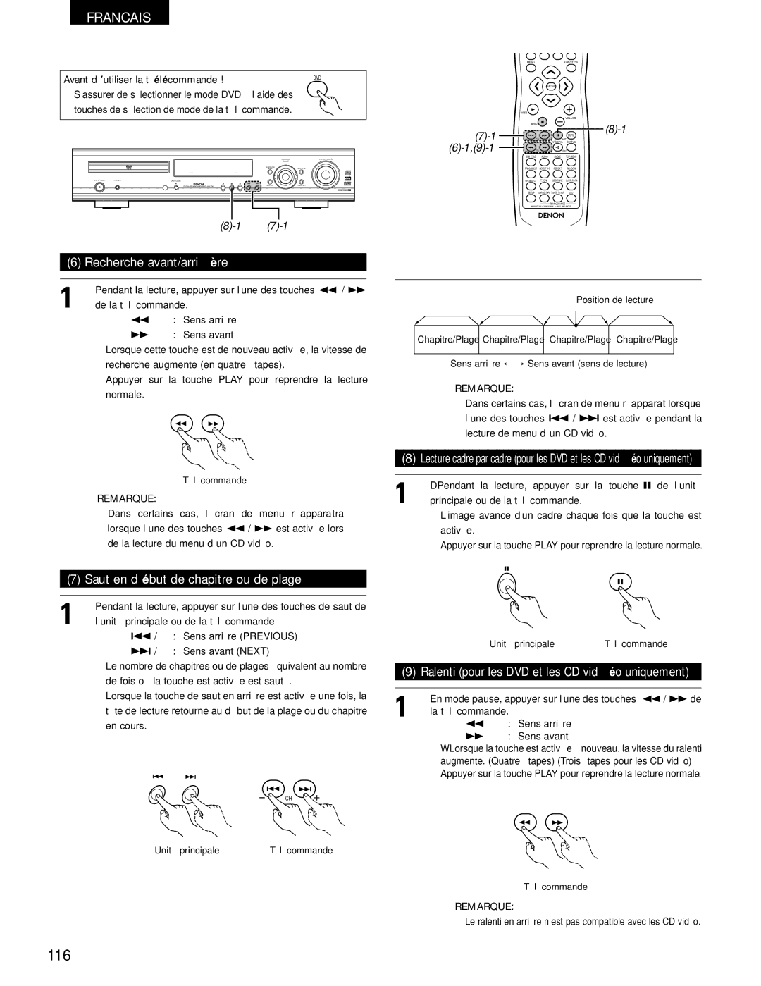 Denon ADV-700 manual 116, Recherche avant/arrière, Saut en début de chapitre ou de plage 