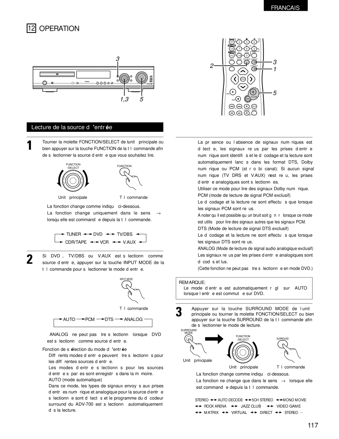 Denon ADV-700 manual 117, Lecture de la source d’entrée, Si DVD, TV/DBS ou V.AUX est sélectionné comme 