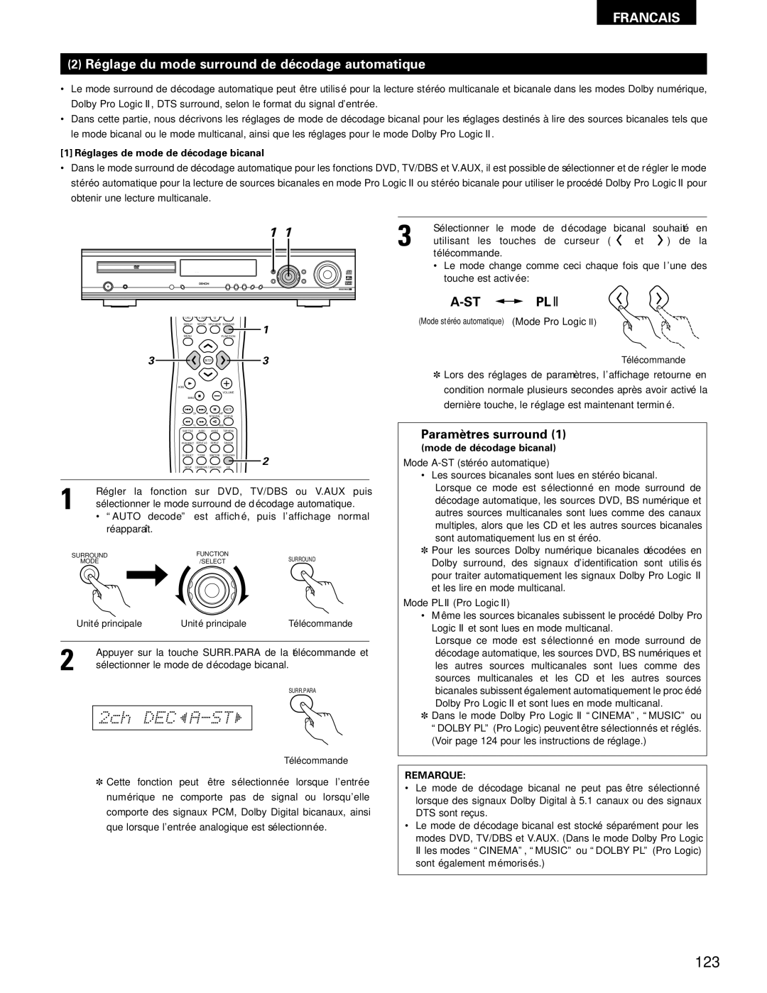 Denon ADV-700 manual 123, Réglage du mode surround de décodage automatique, Réglages de mode de décodage bicanal 