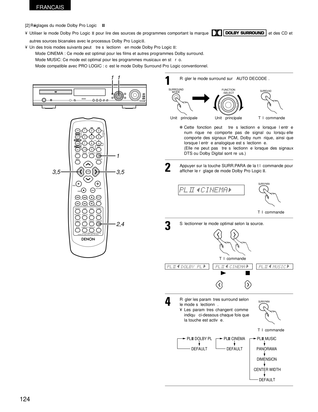 Denon ADV-700 manual 124, Réglages du mode Dolby Pro Logic 