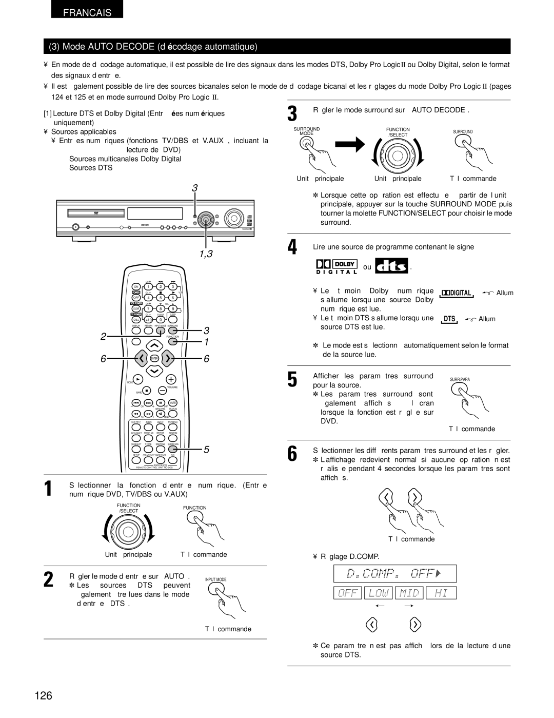 Denon ADV-700 manual 126, Mode Auto Decode décodage automatique, Lecture DTS et Dolby Digital Entrées numériques uniquement 