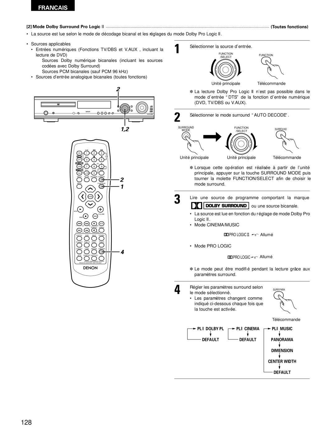 Denon ADV-700 manual 128, Sélectionner le mode surround Auto Decode, Mode PRO Logic 