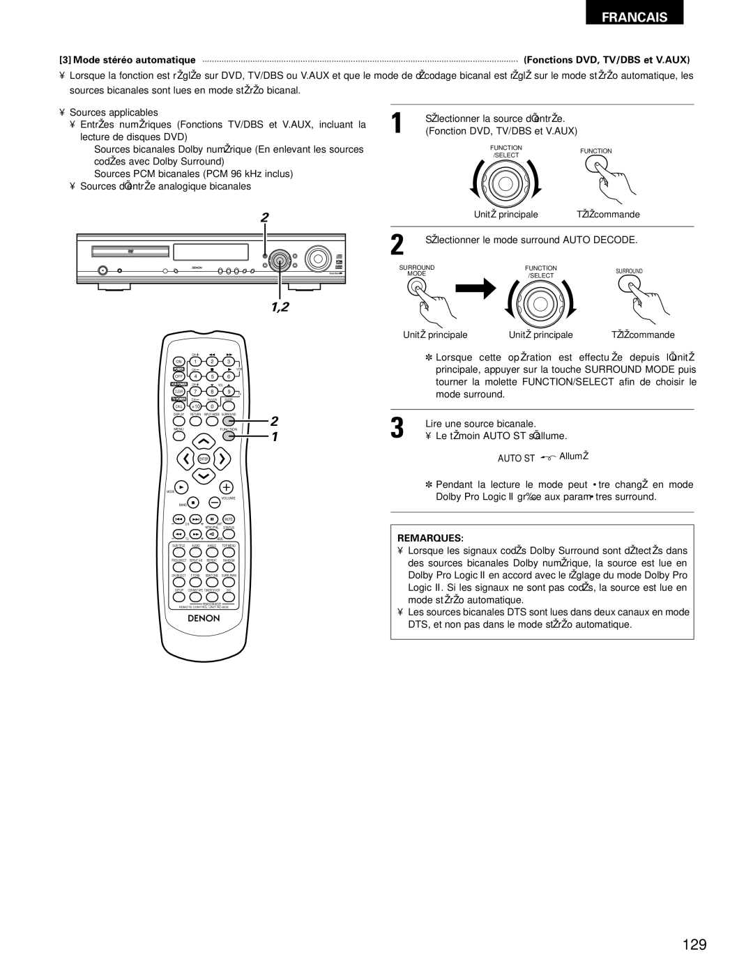 Denon ADV-700 manual 129, Lecture de disques DVD, Sources bicanales Dolby numérique En enlevant les sources 