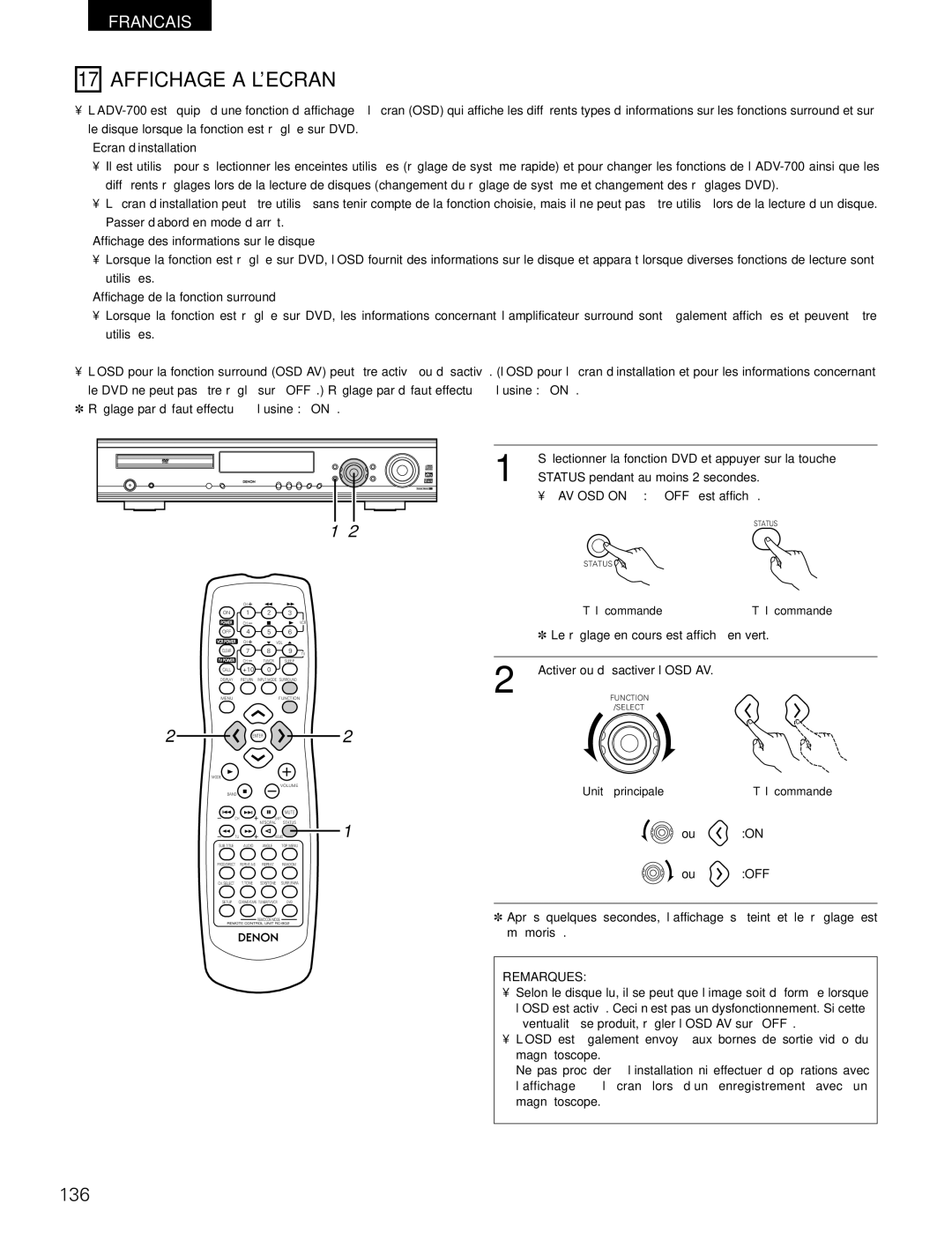 Denon ADV-700 manual Affichage a L’ECRAN, 136, Le réglage en cours est affiché en vert, Activer ou désactiver l’OSD AV 