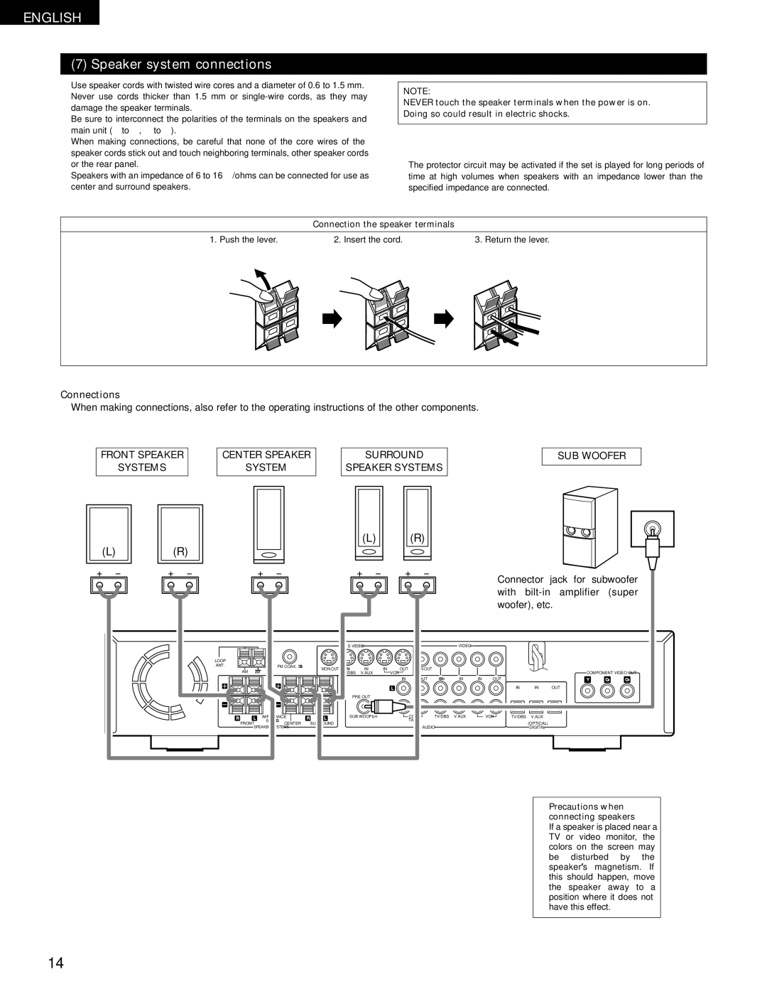 Denon ADV-700 manual Speaker system connections, Connections, Connector Jack For, With bilt-in amplifier super, Woofer, etc 