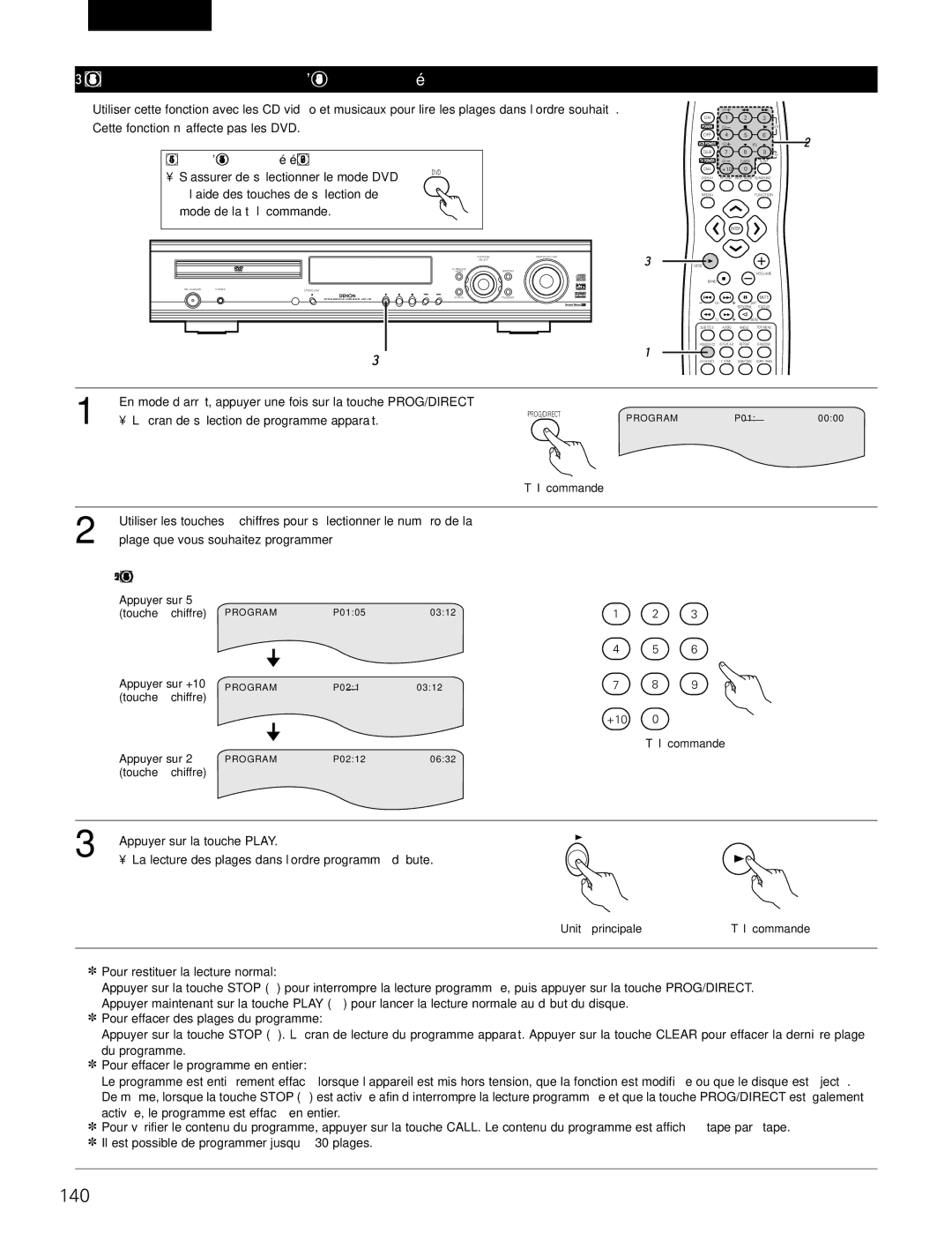 Denon ADV-700 manual 140, Lecture des plages dans l’ordre souhaité, EX Pour programmer les plages 5 et 