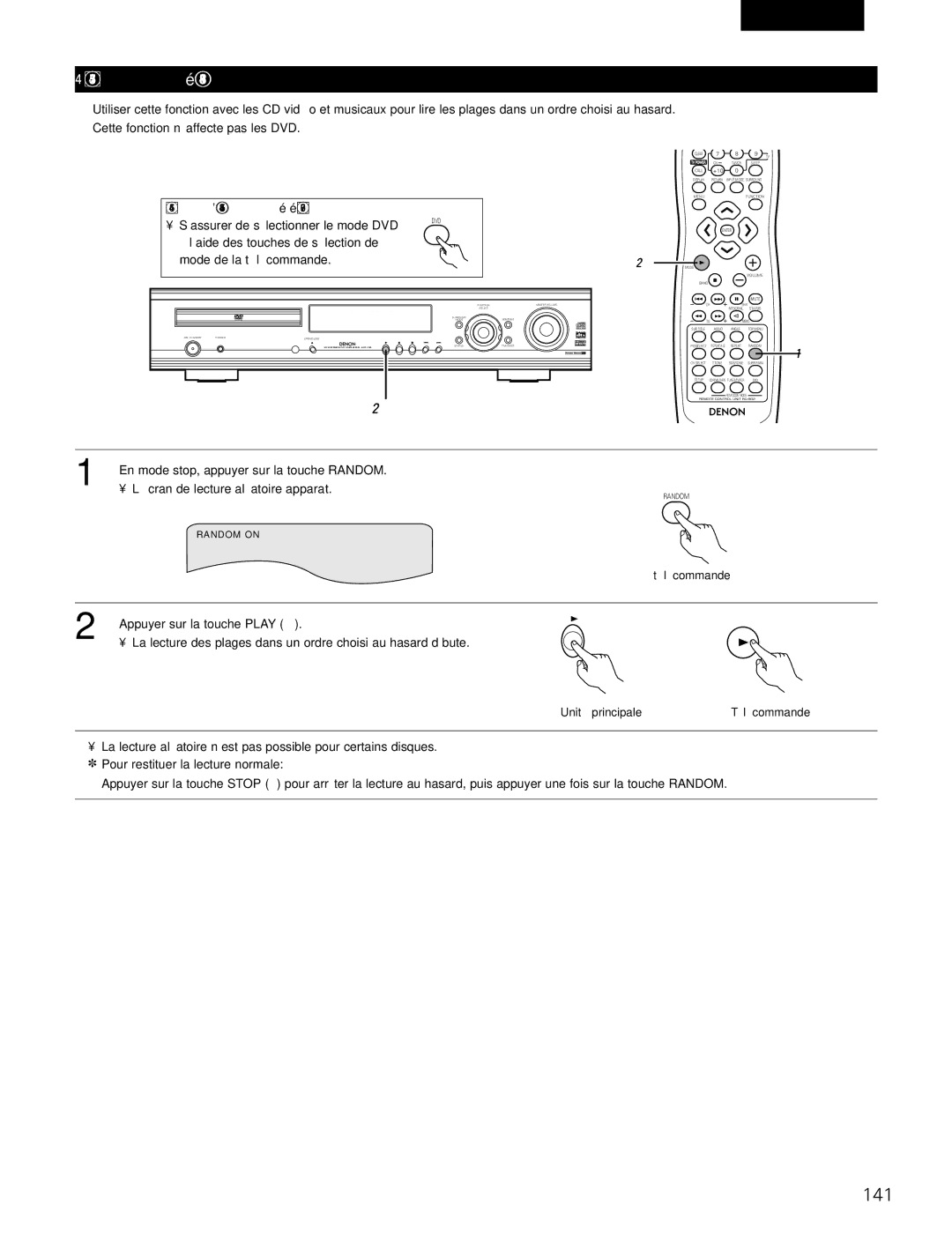 Denon ADV-700 manual 141, Lecture aléatoire de plages, En mode stop, appuyer sur la touche Random 