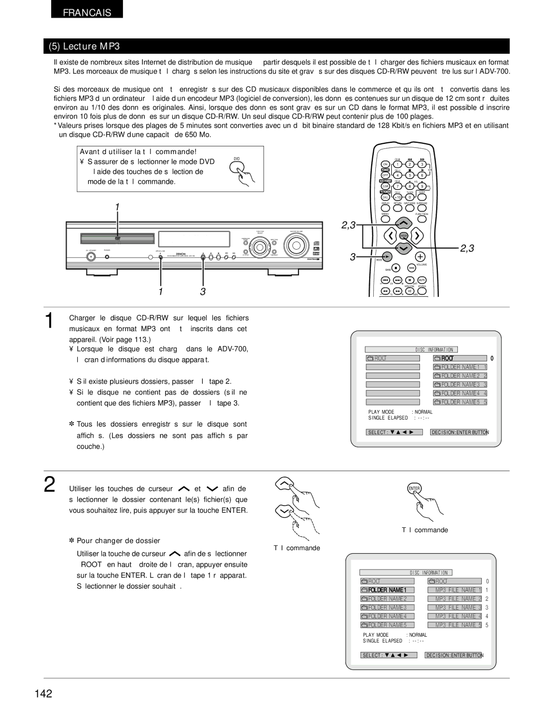 Denon ADV-700 manual 142, Lecture MP3, Charger le disque CD-R/RW sur lequel les fichiers, Pour changer de dossier 