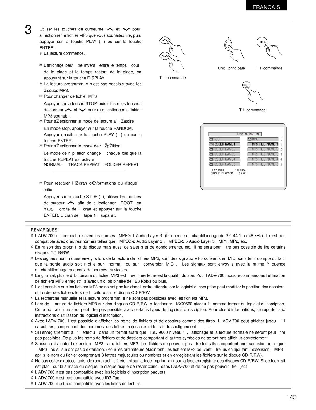 Denon ADV-700 manual 143, Pour changer de fichier MP3, Pour restituer l’écran d’informations du disque initial 