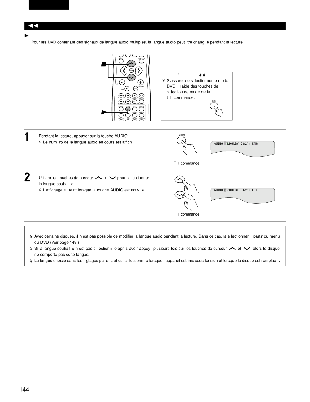 Denon ADV-700 manual 144, Changer la langue audio Fonction sons multiples 