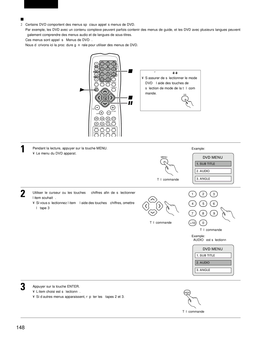 Denon ADV-700 manual 148, Utilisation du menu de DVD, ’item souhaité, ’item choisi est sélectionné 