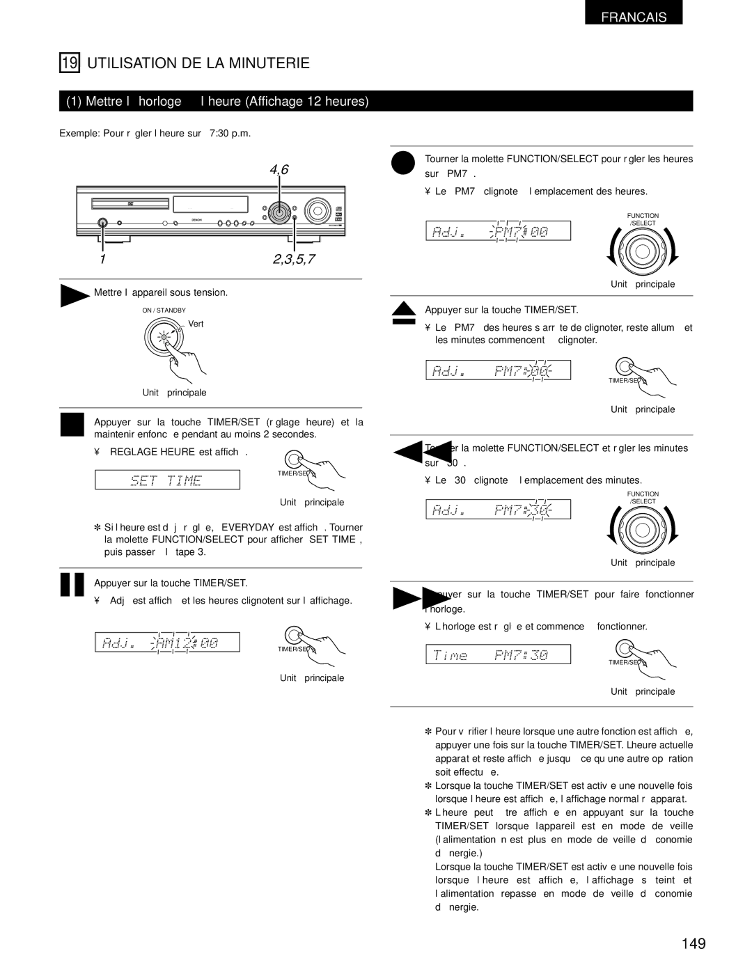 Denon ADV-700 manual Utilisation DE LA Minuterie, 149, Mettre l’horloge à l’heure Affichage 12 heures 