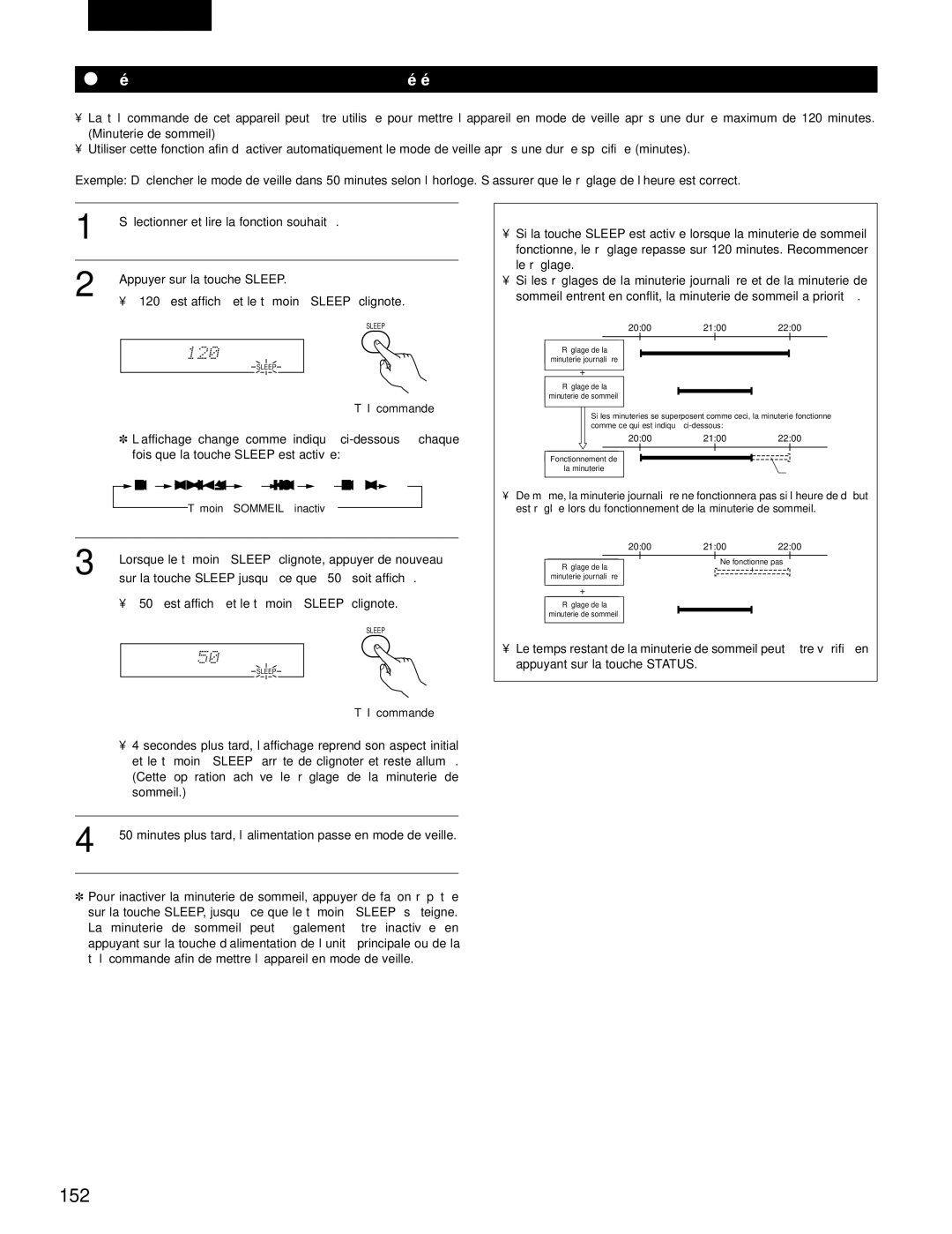 Denon ADV-700 manual 152, Réglage de la minuterie de sommeil télécommande uniquement 