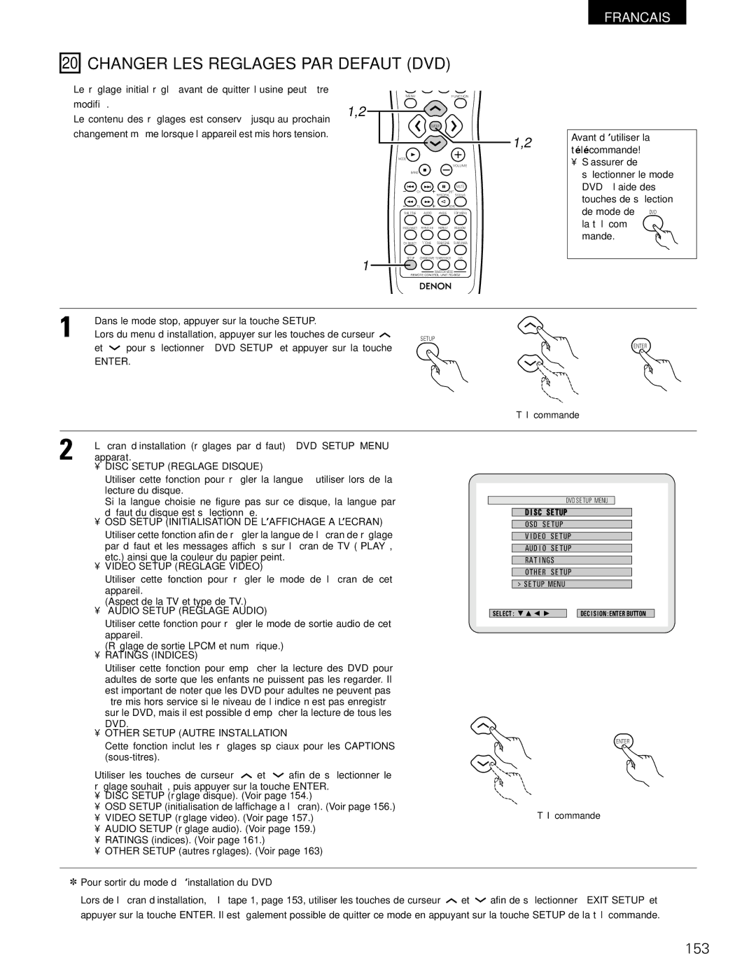 Denon ADV-700 manual Changer LES Reglages PAR Defaut DVD, 153 