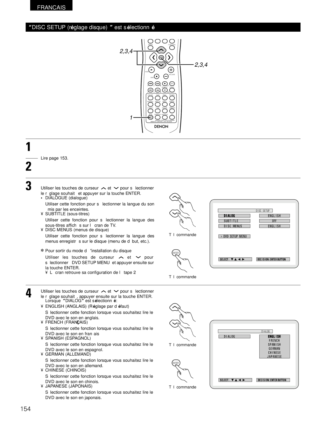 Denon ADV-700 manual 154, Disc Setup réglage disque est sélectionné 