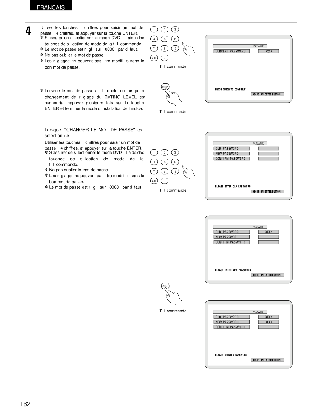 Denon ADV-700 manual 162, Lorsque Changer LE MOT DE Passe est sélectionné 