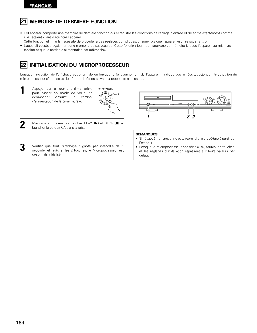 Denon ADV-700 manual Memoire DE Derniere Fonction, Initialisation DU Microprocesseur, 164 