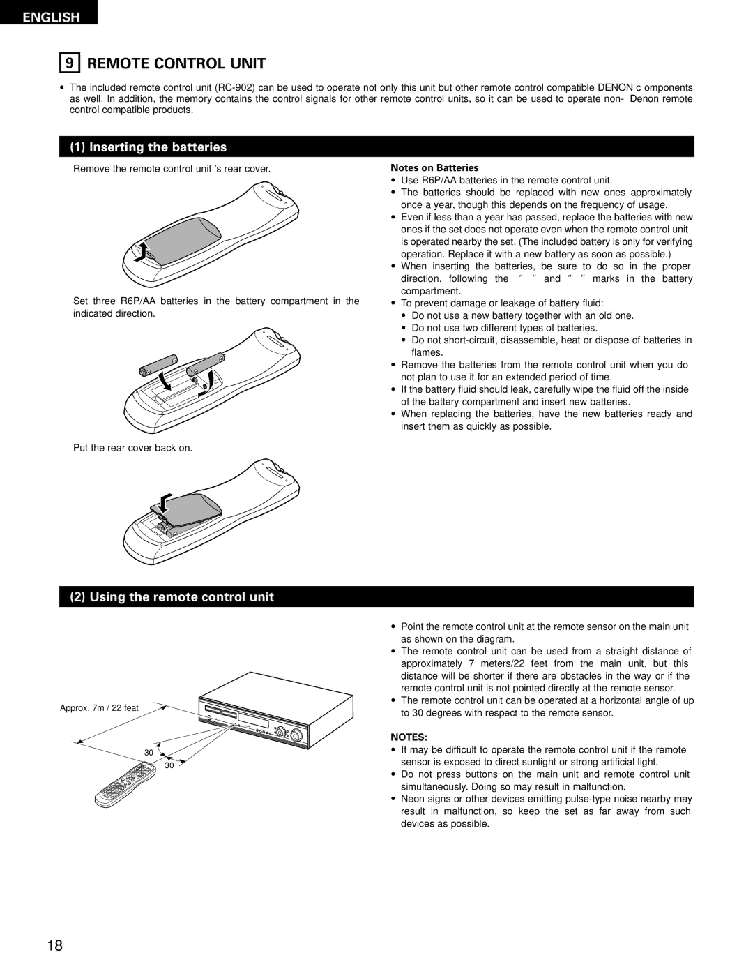 Denon ADV-700 manual Remote Control Unit, Inserting the batteries, Using the remote control unit 