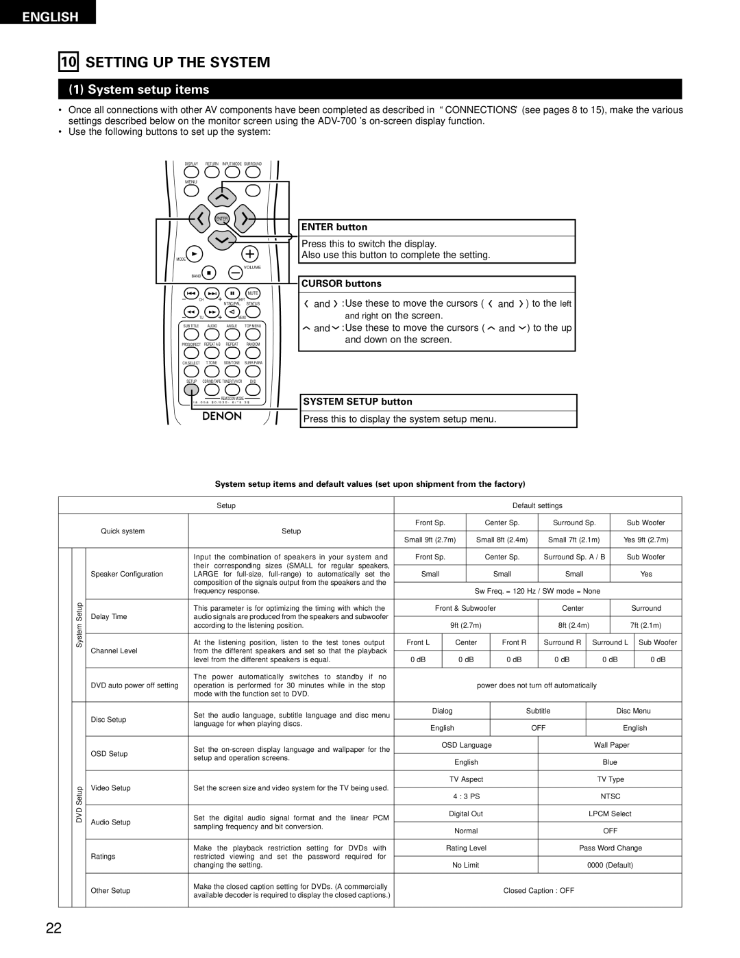 Denon ADV-700 manual Setting UP the System, System setup items, Enter button, Cursor buttons, System Setup button 