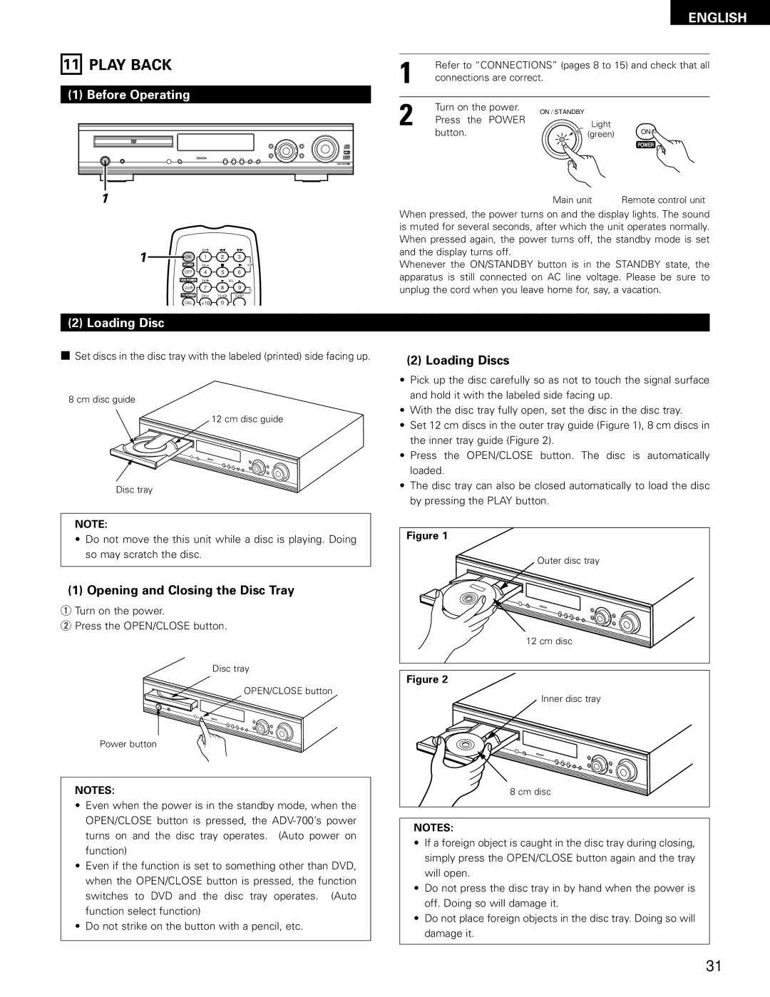 Denon ADV-700 manual Play Back, Before Operating, Loading Disc, Power 