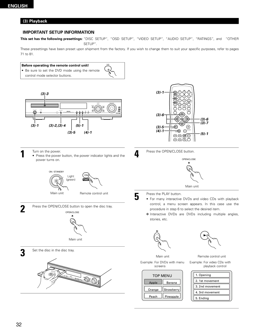 Denon ADV-700 manual Playback, Press the OPEN/CLOSE button to open the disc tray, TOP Menu 