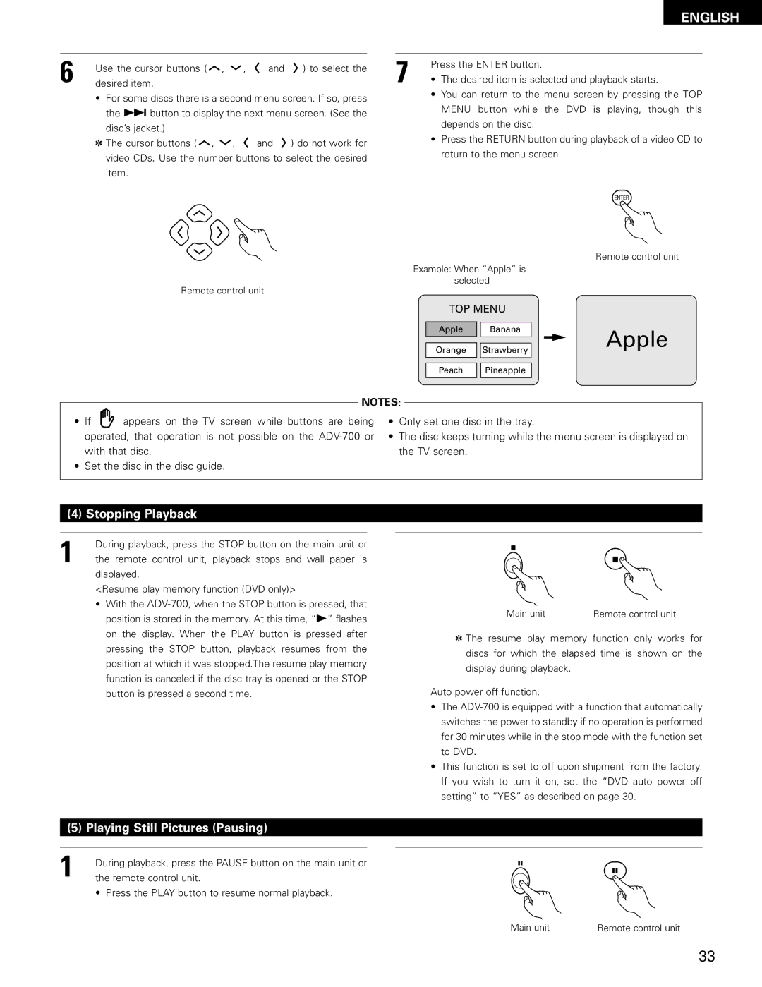 Denon ADV-700 manual Stopping Playback, Playing Still Pictures Pausing 