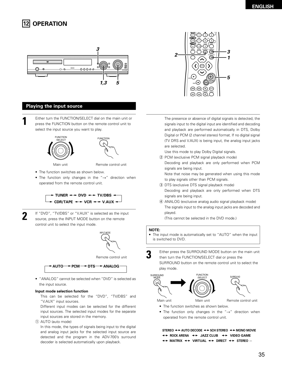 Denon ADV-700 manual Operation, Playing the input source, Tuner DVD TV/DBS CDR/TAPE VCR AUX, Auto PCM DTS Analog 